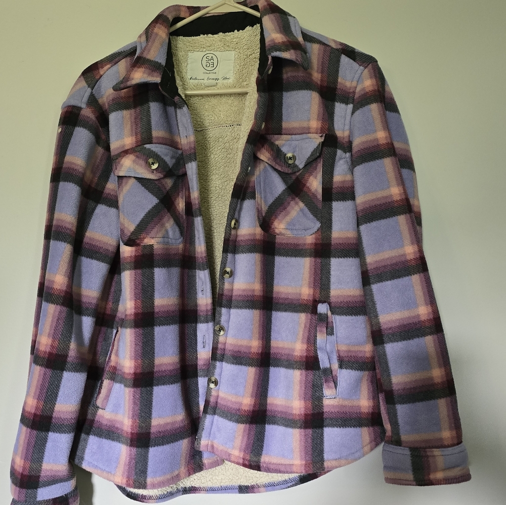 Sage Long Sleeve Plaid Super Plush Sherpa Lined Fleece Shirt Jacket  Small,